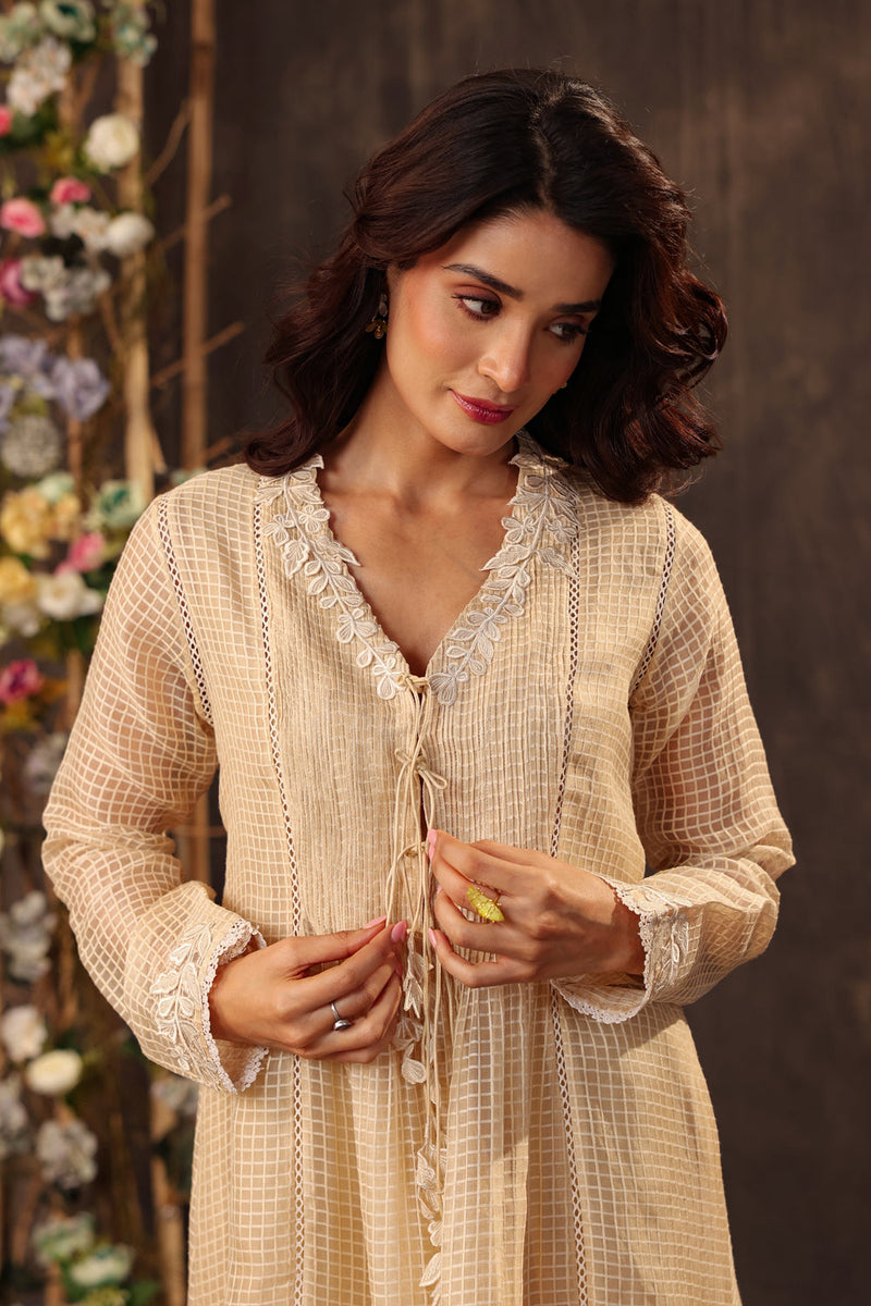 Vaayu Beige Tie-up Kurta Set silk chanderi , silk tencel kurta/kurta set by Niti Bothra in beige for women in Singapore
