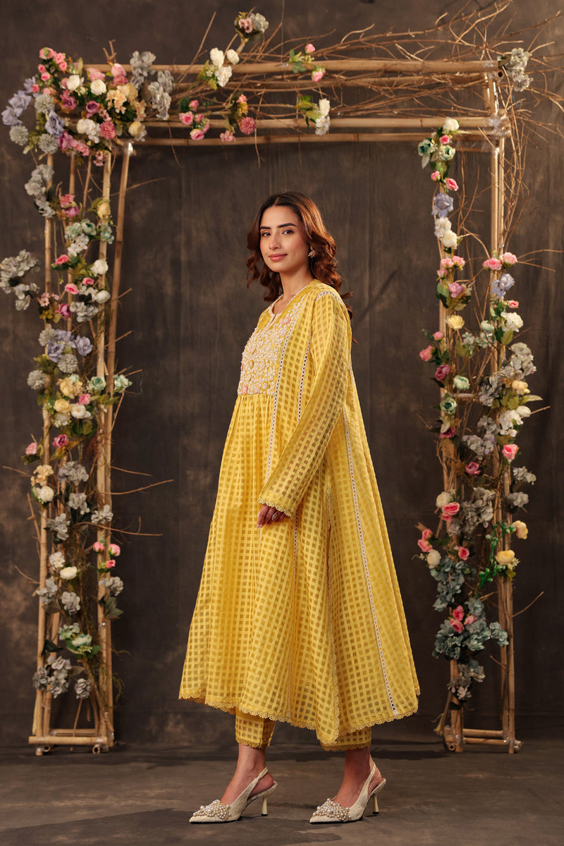 Vaayu Yellow Panelled Kalidar Set silk chanderi , silk tencel kurta/kurta set by Niti Bothra in yellow for women in Singapore