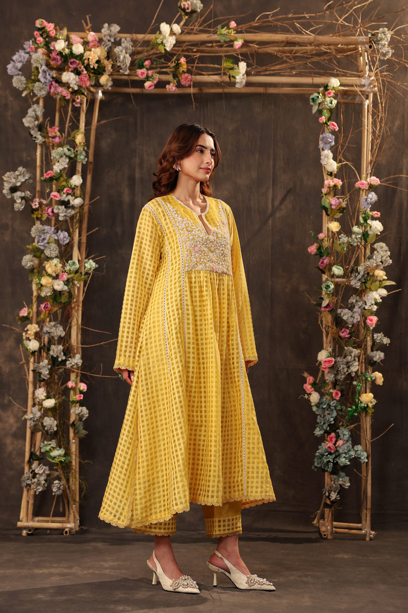 Vaayu Yellow Panelled Kalidar Set silk chanderi , silk tencel kurta/kurta set by Niti Bothra in yellow for women in Singapore