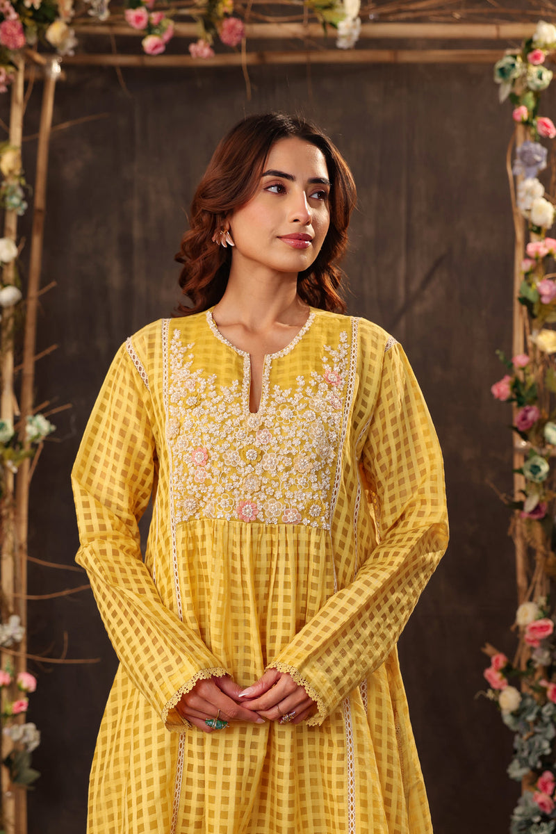 Vaayu Yellow Panelled Kalidar Set silk chanderi , silk tencel kurta/kurta set by Niti Bothra in yellow for women in Singapore
