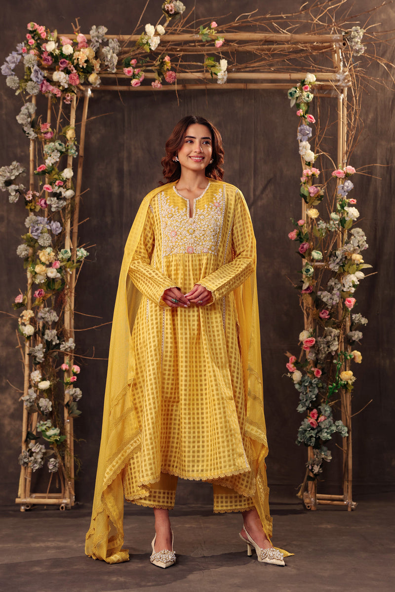 Vaayu Yellow Panelled Kalidar Set silk chanderi , silk tencel kurta/kurta set by Niti Bothra in yellow for women in Singapore