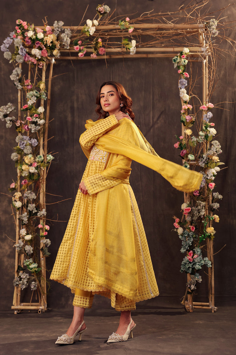 Vaayu Yellow Panelled Kalidar Set silk chanderi , silk tencel kurta/kurta set by Niti Bothra in yellow for women in Singapore