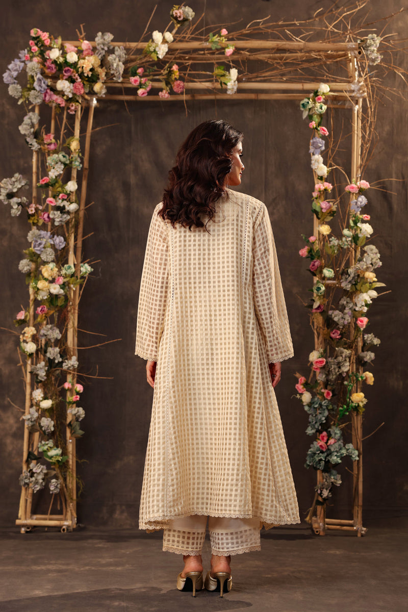 Vaayu Beige Panelled Kalidar Set silk chanderi , silk tencel kurta/kurta set by Niti Bothra in beige for women in Singapore