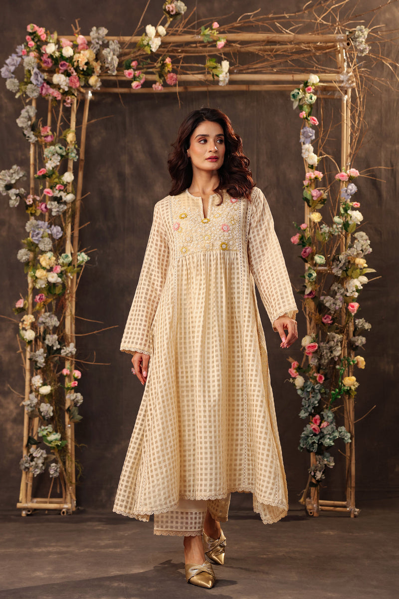 Vaayu Beige Panelled Kalidar Set silk chanderi , silk tencel kurta/kurta set by Niti Bothra in beige for women in Singapore