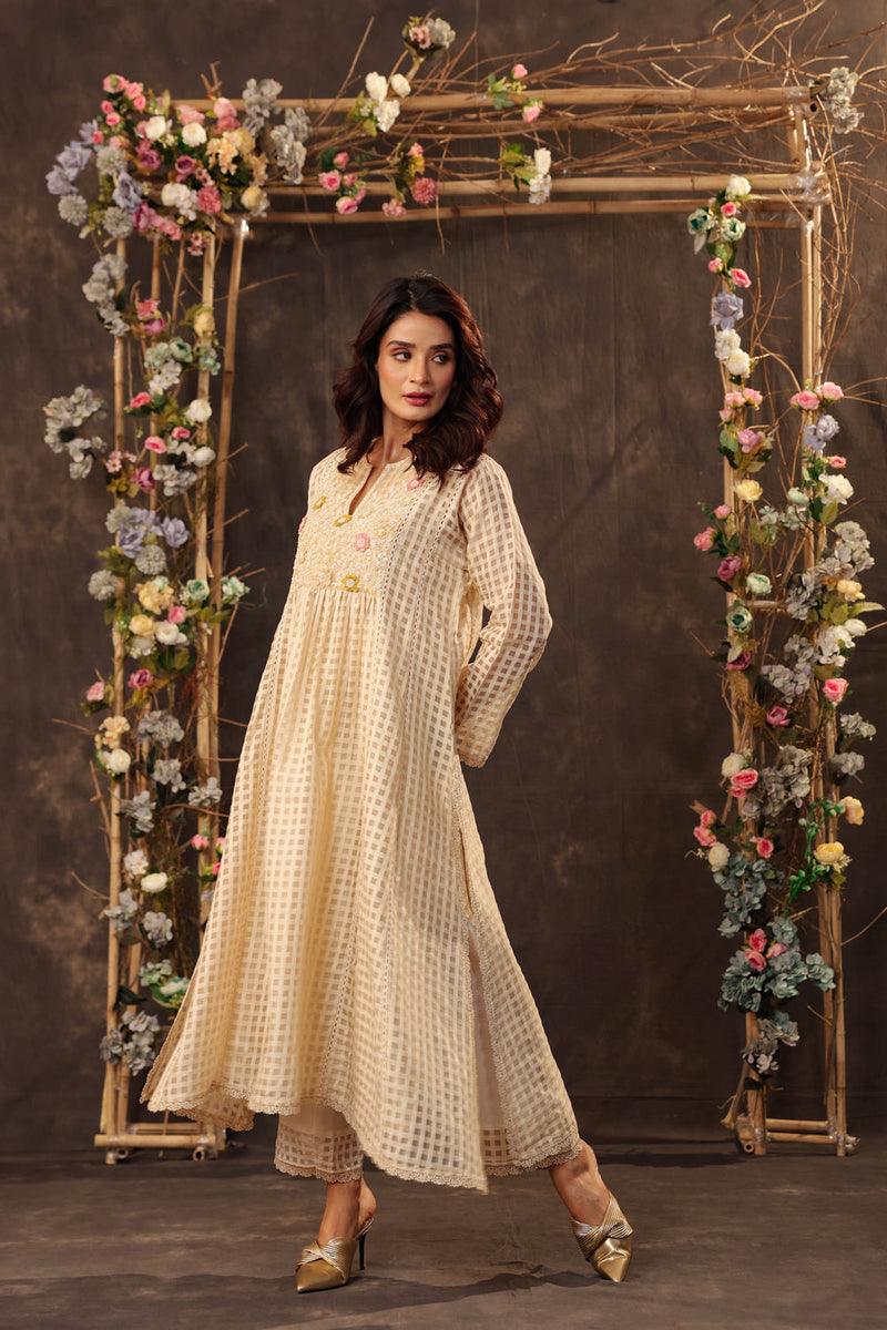Vaayu Beige Panelled Kalidar Set silk chanderi , silk tencel kurta/kurta set by Niti Bothra in beige for women in Singapore