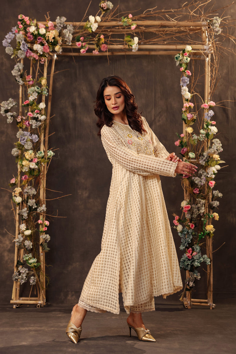 Vaayu Beige Panelled Kalidar Set silk chanderi , silk tencel kurta/kurta set by Niti Bothra in beige for women in Singapore