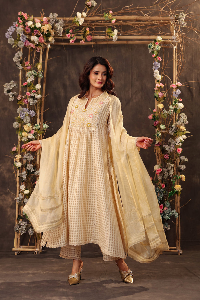 Vaayu Beige Panelled Kalidar Set silk chanderi , silk tencel kurta/kurta set by Niti Bothra in beige for women in Singapore