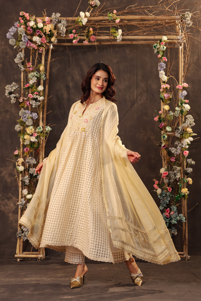 Vaayu Beige Panelled Kalidar Set silk chanderi , silk tencel kurta/kurta set by Niti Bothra in beige for women in Singapore