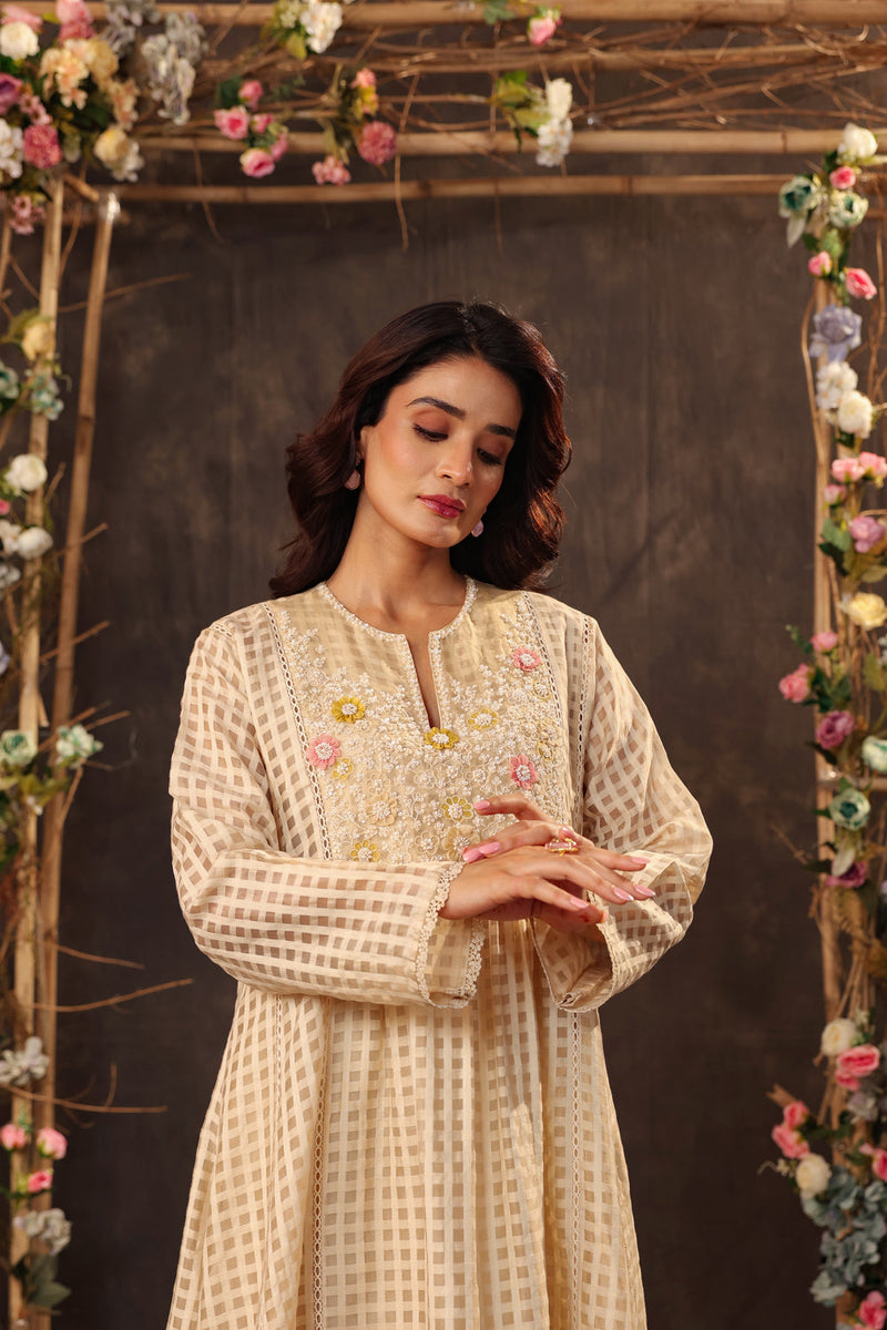 Vaayu Beige Panelled Kalidar Set silk chanderi , silk tencel kurta/kurta set by Niti Bothra in beige for women in Singapore