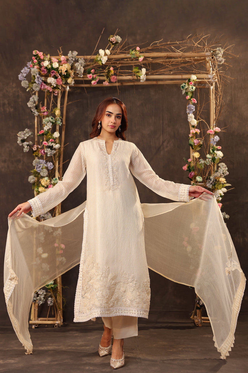 Vaayu Ivory Straight Long Kurta Set silk chanderi , silk tencel kurta/kurta set by Niti Bothra in ivory for women in Singapore