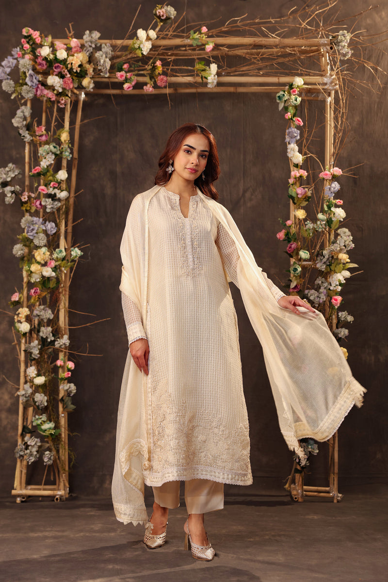 Vaayu Ivory Straight Long Kurta Set silk chanderi , silk tencel kurta/kurta set by Niti Bothra in ivory for women in Singapore