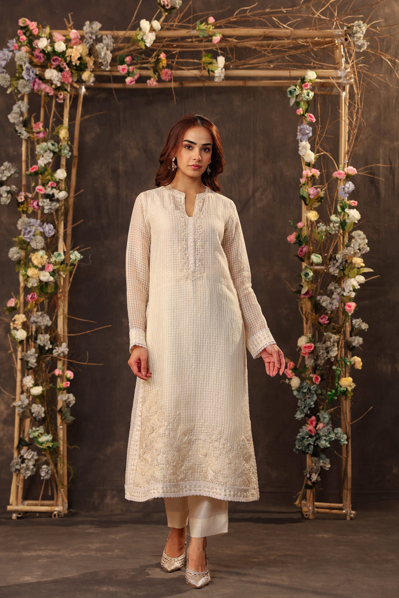 Vaayu Ivory Straight Long Kurta Set silk chanderi , silk tencel kurta/kurta set by Niti Bothra in ivory for women in Singapore