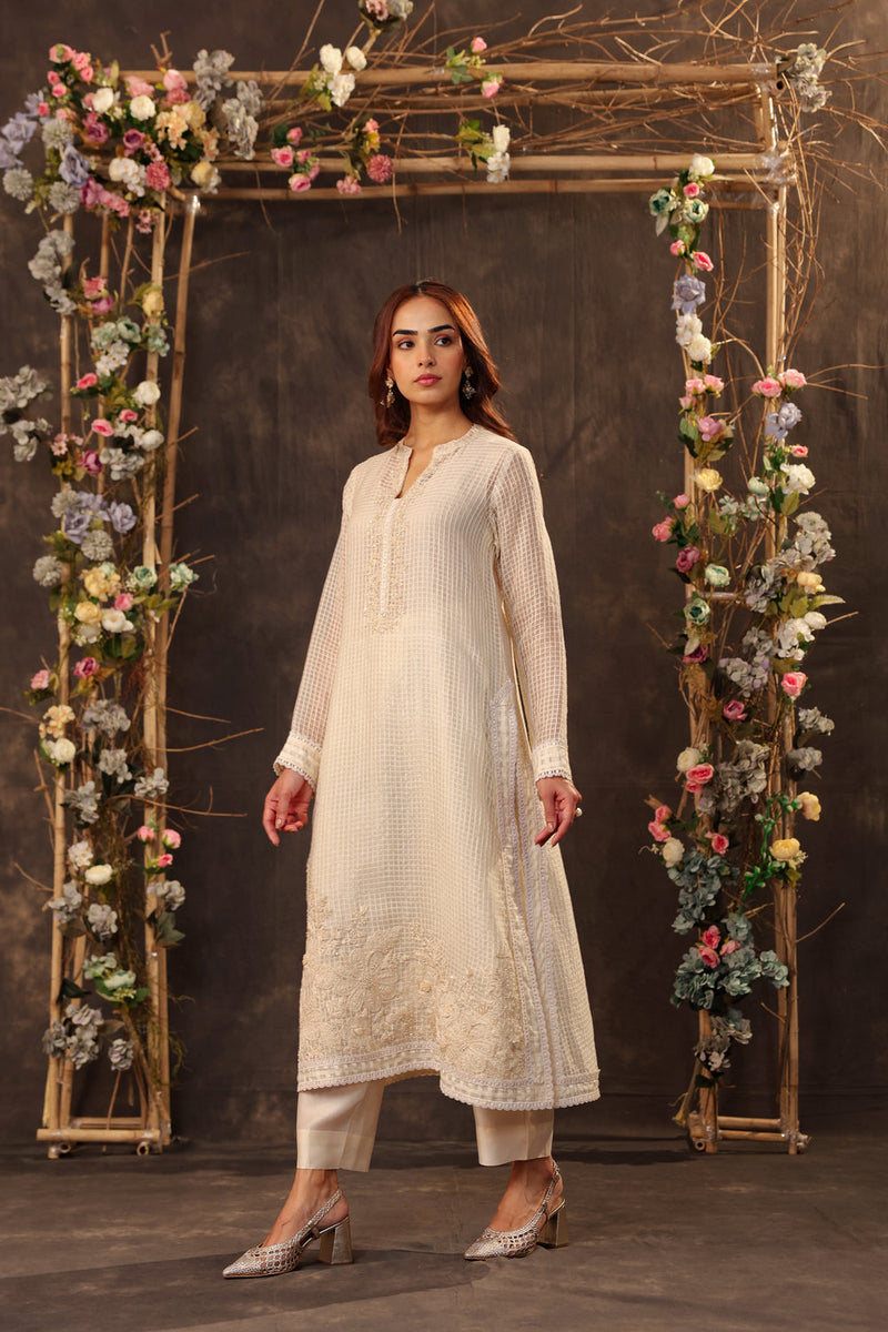 Vaayu Ivory Straight Long Kurta Set silk chanderi , silk tencel kurta/kurta set by Niti Bothra in ivory for women in Singapore