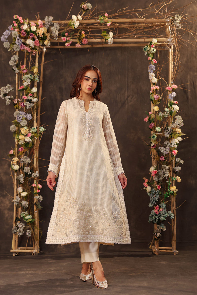 Vaayu Ivory Straight Long Kurta Set silk chanderi , silk tencel kurta/kurta set by Niti Bothra in ivory for women in Singapore