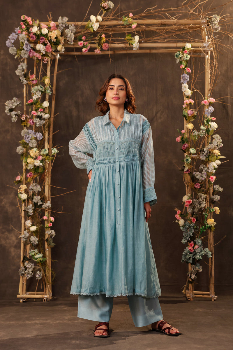 Vaayu Light Blue Pintuck Collar Kurta Set silk chanderi , silk tencel kurta/kurta set by Niti Bothra in light blue for women in Singapore