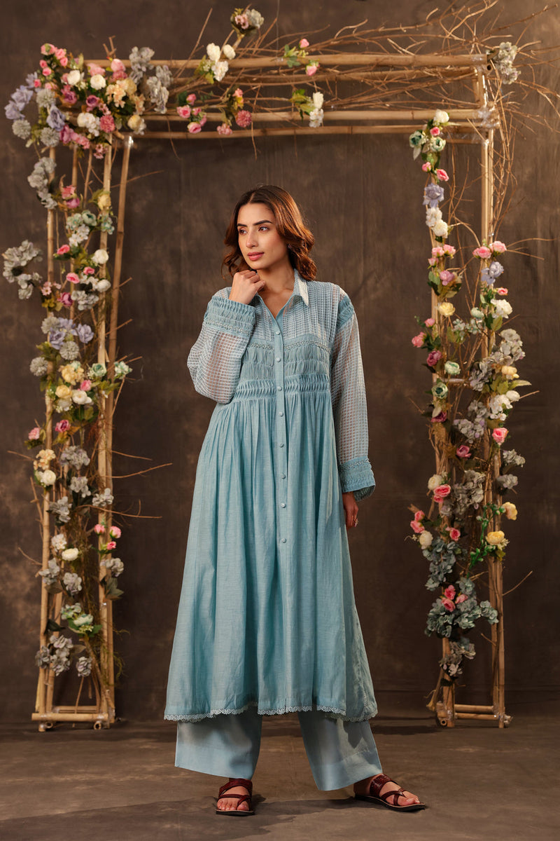 Vaayu Light Blue Pintuck Collar Kurta Set silk chanderi , silk tencel kurta/kurta set by Niti Bothra in light blue for women in Singapore