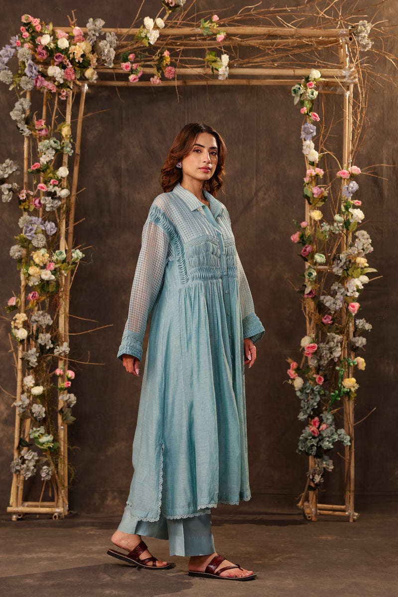Vaayu Light Blue Pintuck Collar Kurta Set silk chanderi , silk tencel kurta/kurta set by Niti Bothra in light blue for women in Singapore