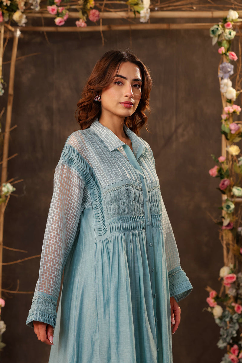 Vaayu Light Blue Pintuck Collar Kurta Set silk chanderi , silk tencel kurta/kurta set by Niti Bothra in light blue for women in Singapore