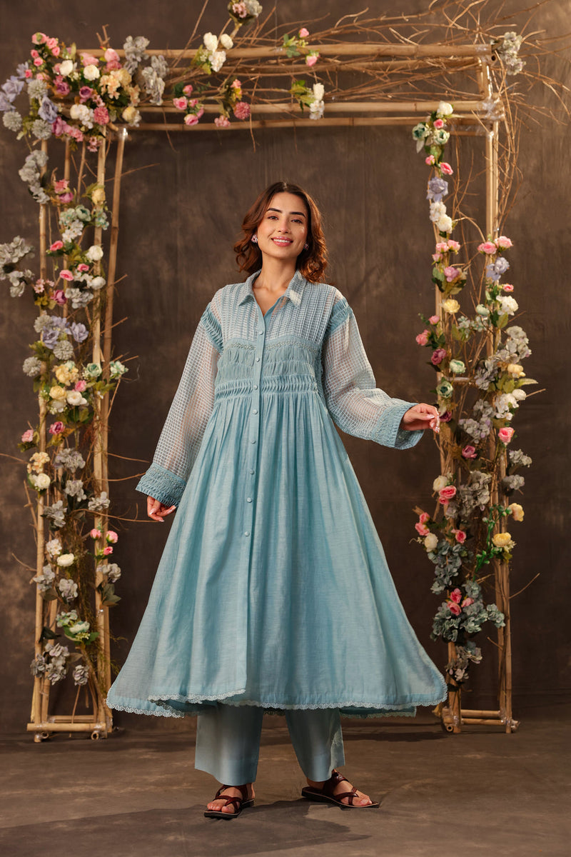 Vaayu Light Blue Pintuck Collar Kurta Set silk chanderi , silk tencel kurta/kurta set by Niti Bothra in light blue for women in Singapore