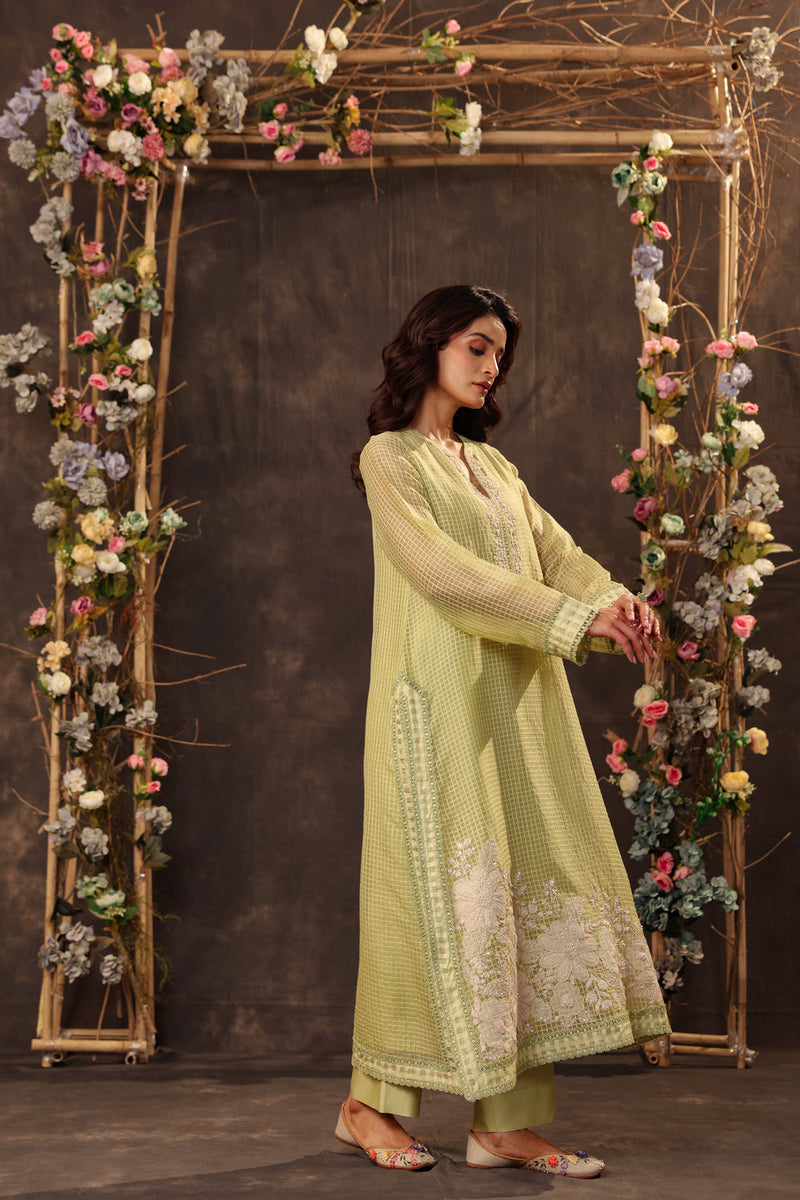 Vaayu Green Straight Long Kurta Set silk chanderi , silk tencel kurta/kurta set by Niti Bothra in green for women in Singapore