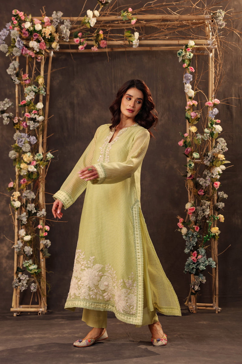 Vaayu Green Straight Long Kurta Set silk chanderi , silk tencel kurta/kurta set by Niti Bothra in green for women in Singapore