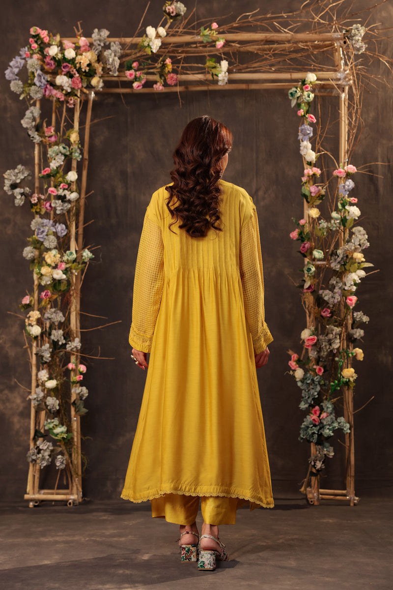 Vaayu Yellow Pintuck Collar Kurta Set silk chanderi , silk tencel kurta/kurta set by Niti Bothra in yellow for women in Singapore