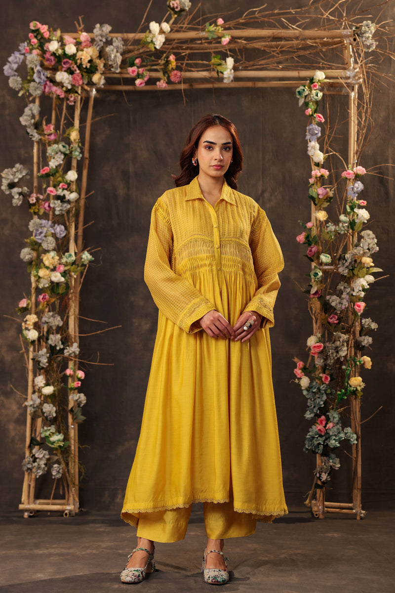 Vaayu Yellow Pintuck Collar Kurta Set silk chanderi , silk tencel kurta/kurta set by Niti Bothra in yellow for women in Singapore