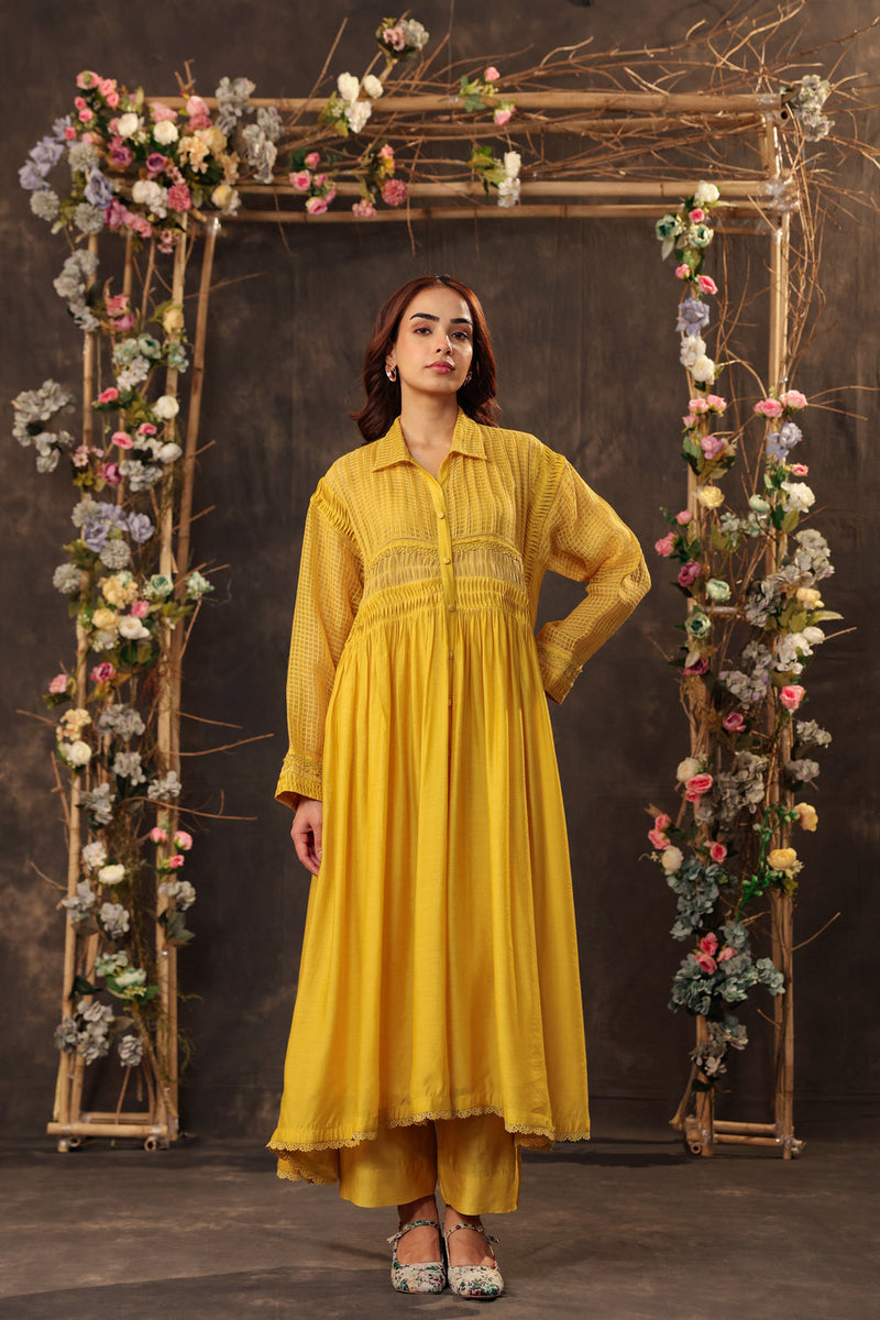 Vaayu Yellow Pintuck Collar Kurta Set silk chanderi , silk tencel kurta/kurta set by Niti Bothra in yellow for women in Singapore