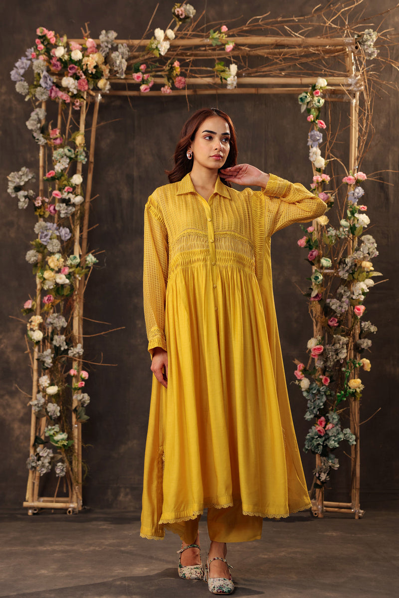 Vaayu Yellow Pintuck Collar Kurta Set silk chanderi , silk tencel kurta/kurta set by Niti Bothra in yellow for women in Singapore