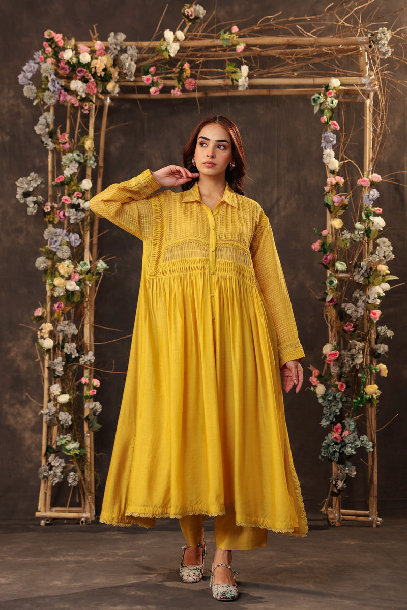Vaayu Yellow Pintuck Collar Kurta Set silk chanderi , silk tencel kurta/kurta set by Niti Bothra in yellow for women in Singapore