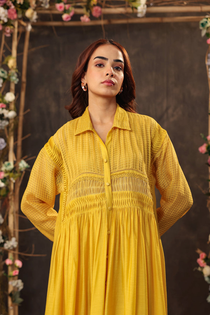 Vaayu Yellow Pintuck Collar Kurta Set silk chanderi , silk tencel kurta/kurta set by Niti Bothra in yellow for women in Singapore