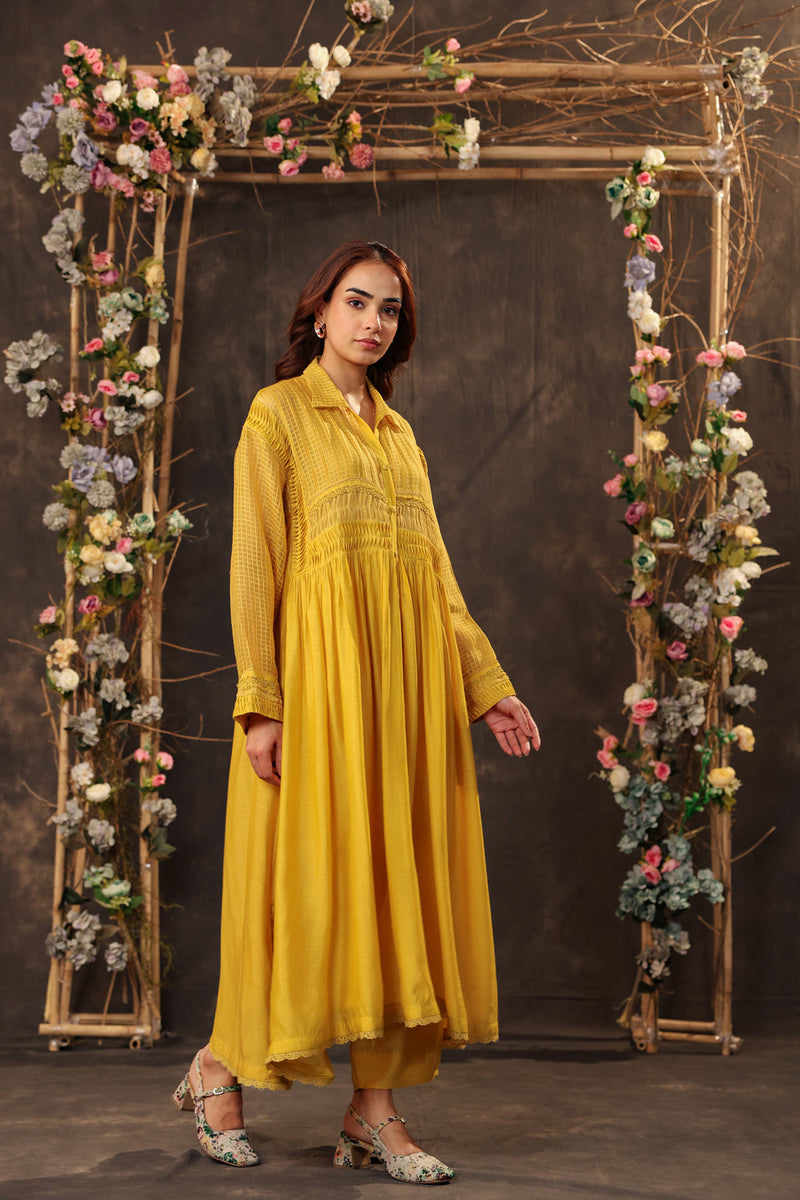 Vaayu Yellow Pintuck Collar Kurta Set silk chanderi , silk tencel kurta/kurta set by Niti Bothra in yellow for women in Singapore
