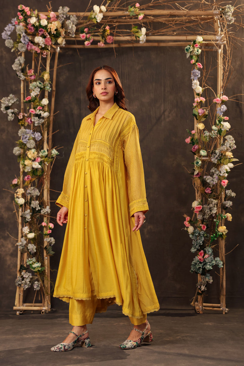 Vaayu Yellow Pintuck Collar Kurta Set silk chanderi , silk tencel kurta/kurta set by Niti Bothra in yellow for women in Singapore