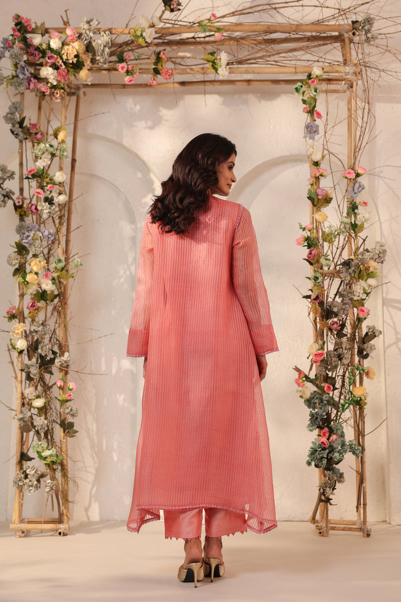 Vaayu Pink Applique Yoke Kurta Set silk chanderi , silk tencel kurta/kurta set by Niti Bothra in pink for women in Singapore