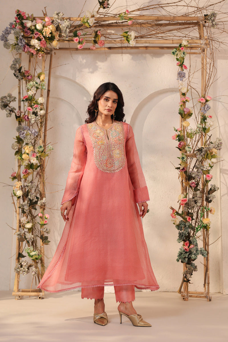Vaayu Pink Applique Yoke Kurta Set silk chanderi , silk tencel kurta/kurta set by Niti Bothra in pink for women in Singapore