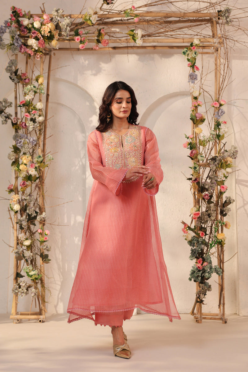 Vaayu Pink Applique Yoke Kurta Set silk chanderi , silk tencel kurta/kurta set by Niti Bothra in pink for women in Singapore