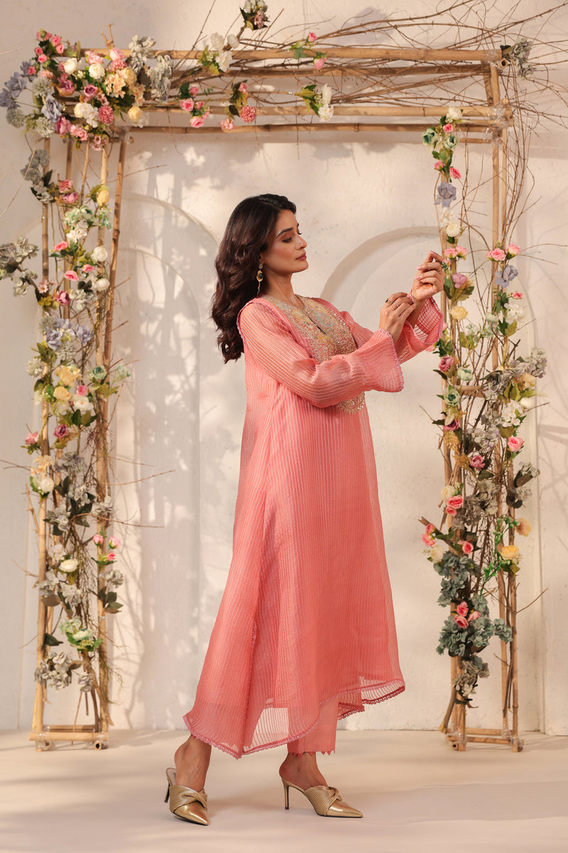 Vaayu Pink Applique Yoke Kurta Set silk chanderi , silk tencel kurta/kurta set by Niti Bothra in pink for women in Singapore