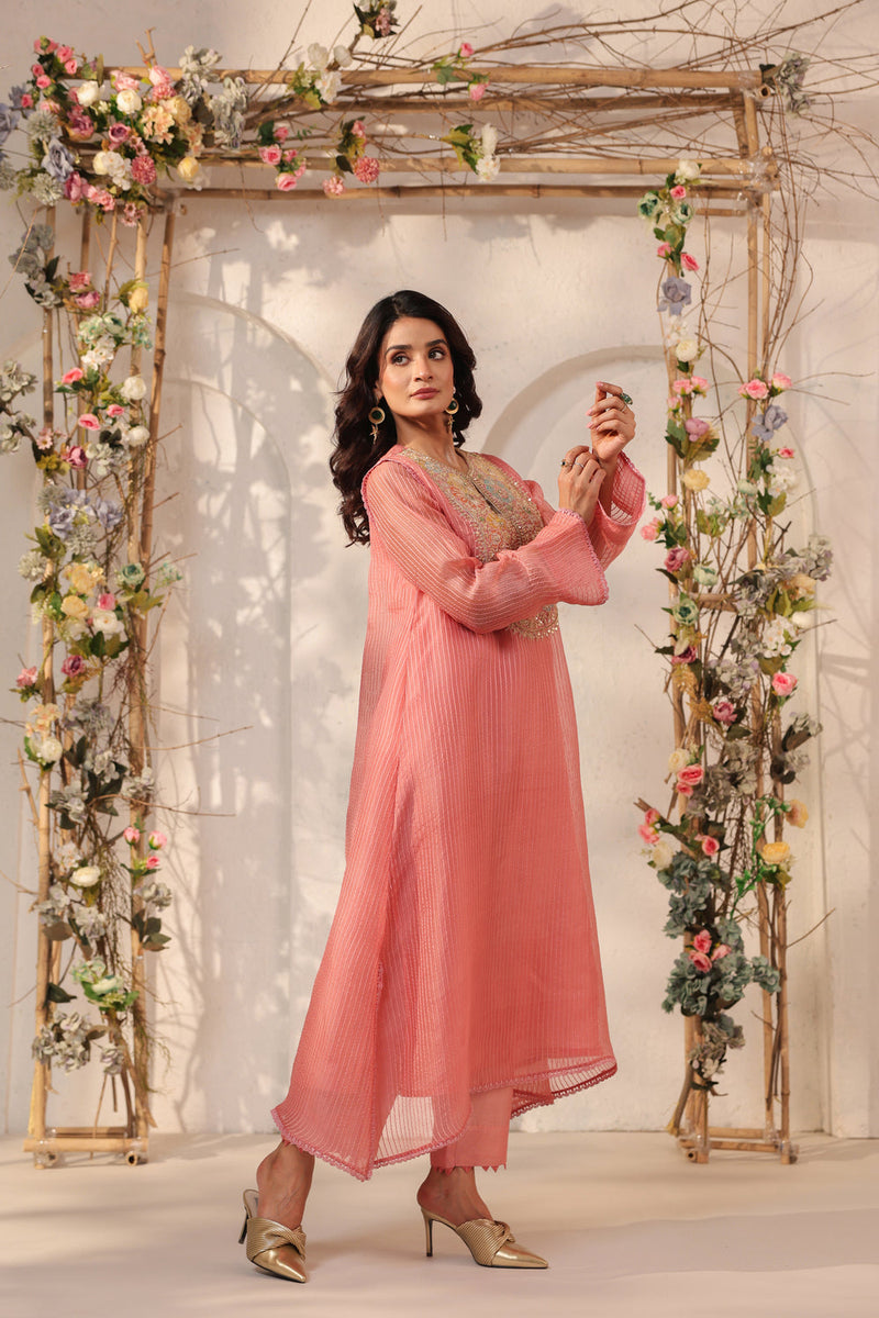Vaayu Pink Applique Yoke Kurta Set silk chanderi , silk tencel kurta/kurta set by Niti Bothra in pink for women in Singapore