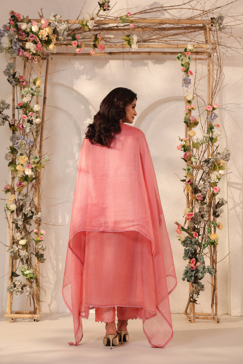 Vaayu Pink Applique Yoke Kurta Set silk chanderi , silk tencel kurta/kurta set by Niti Bothra in pink for women in Singapore