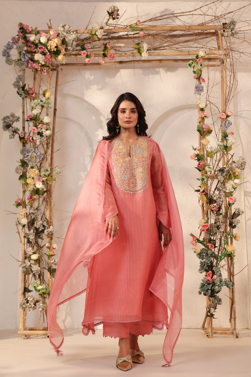 Vaayu Pink Applique Yoke Kurta Set silk chanderi , silk tencel kurta/kurta set by Niti Bothra in pink for women in Singapore
