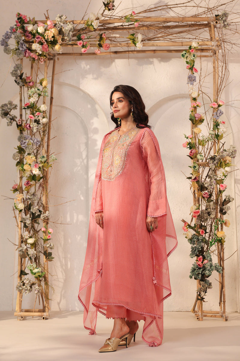 Vaayu Pink Applique Yoke Kurta Set silk chanderi , silk tencel kurta/kurta set by Niti Bothra in pink for women in Singapore