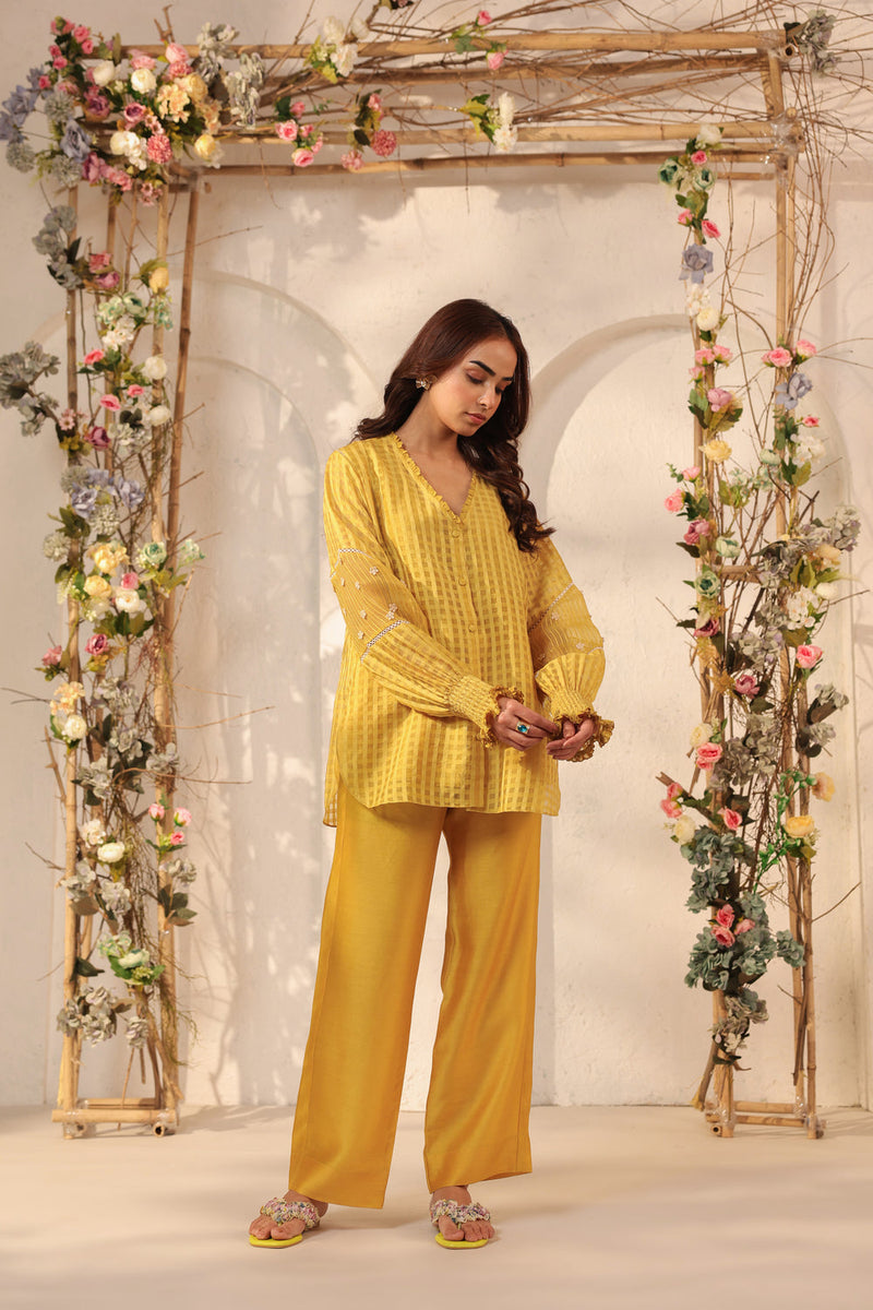Vaayu Yellow V Neck Co ord Set silk chanderi , silk tencel kurta/kurta set by Niti Bothra in yellow for women in Singapore