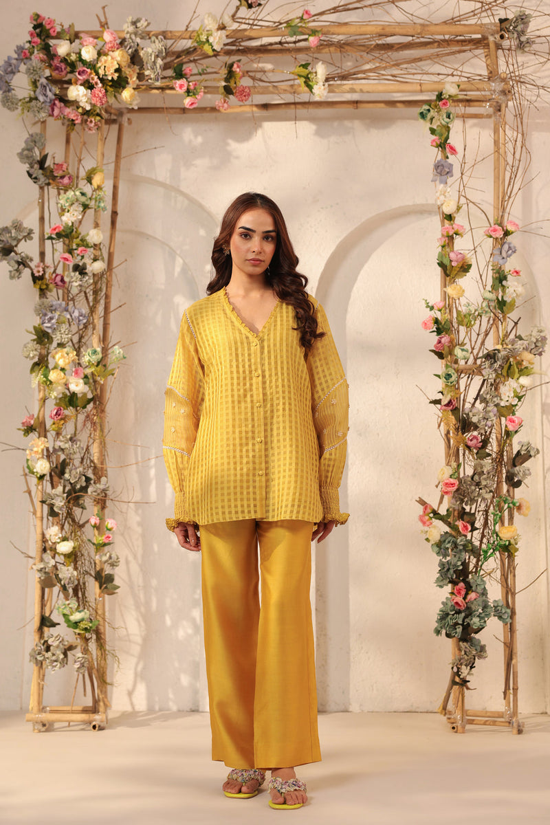Vaayu Yellow V Neck Co ord Set silk chanderi , silk tencel kurta/kurta set by Niti Bothra in yellow for women in Singapore