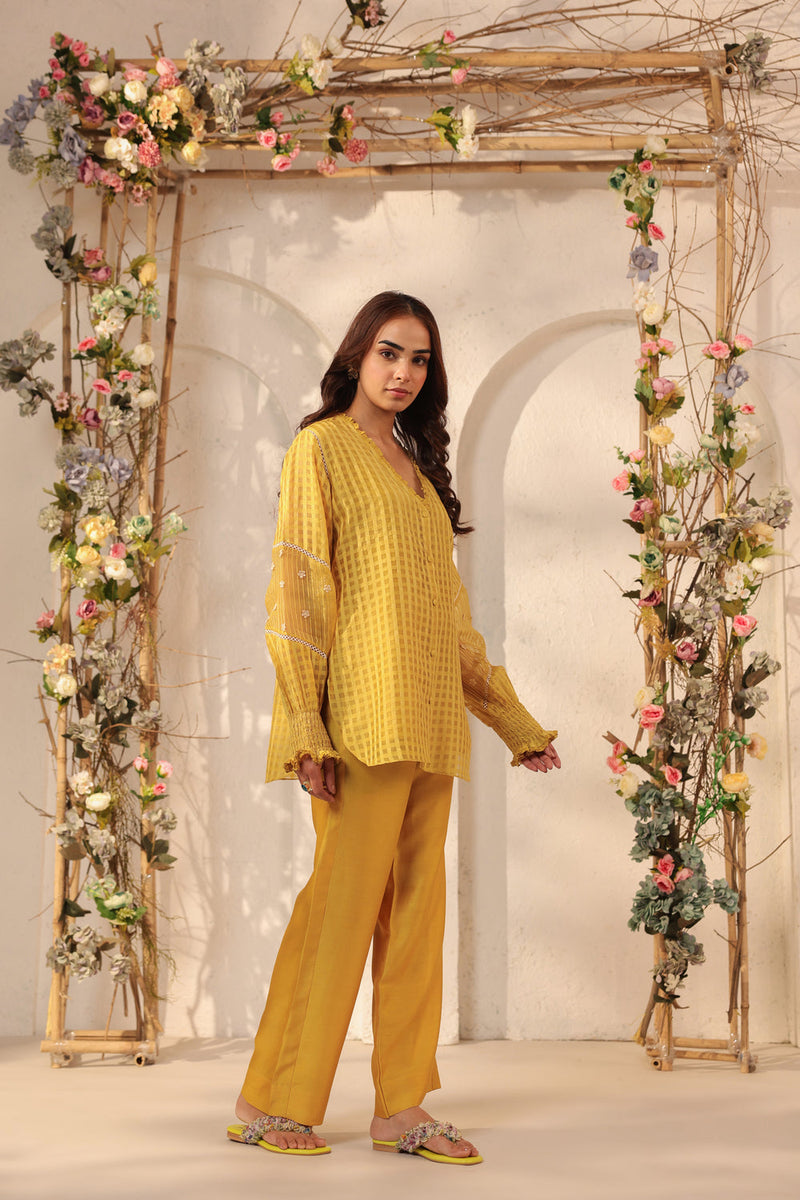 Vaayu Yellow V Neck Co ord Set silk chanderi , silk tencel kurta/kurta set by Niti Bothra in yellow for women in Singapore
