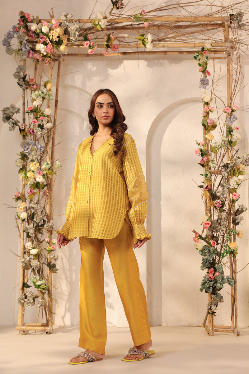 Vaayu Yellow V Neck Co ord Set silk chanderi , silk tencel kurta/kurta set by Niti Bothra in yellow for women in Singapore