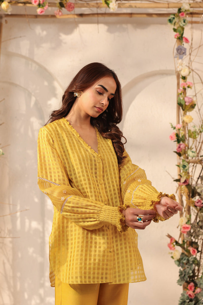Vaayu Yellow V Neck Co ord Set silk chanderi , silk tencel kurta/kurta set by Niti Bothra in yellow for women in Singapore