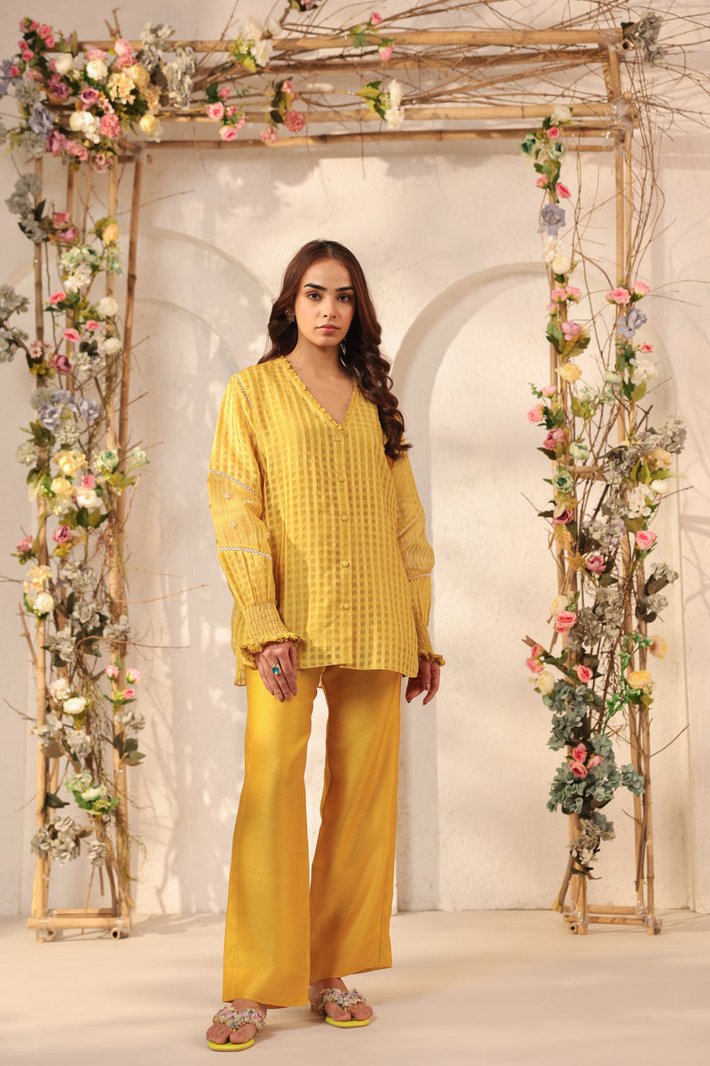 Vaayu Yellow V Neck Co ord Set silk chanderi , silk tencel kurta/kurta set by Niti Bothra in yellow for women in Singapore