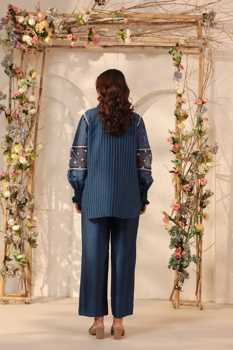Vaayu Dark Blue V Neck Co ord Set silk chanderi , silk tencel kurta/kurta set by Niti Bothra in dark blue for women in Singapore