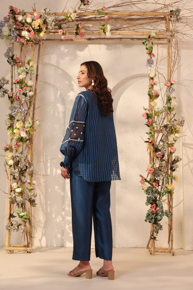 Vaayu Dark Blue V Neck Co ord Set silk chanderi , silk tencel kurta/kurta set by Niti Bothra in dark blue for women in Singapore
