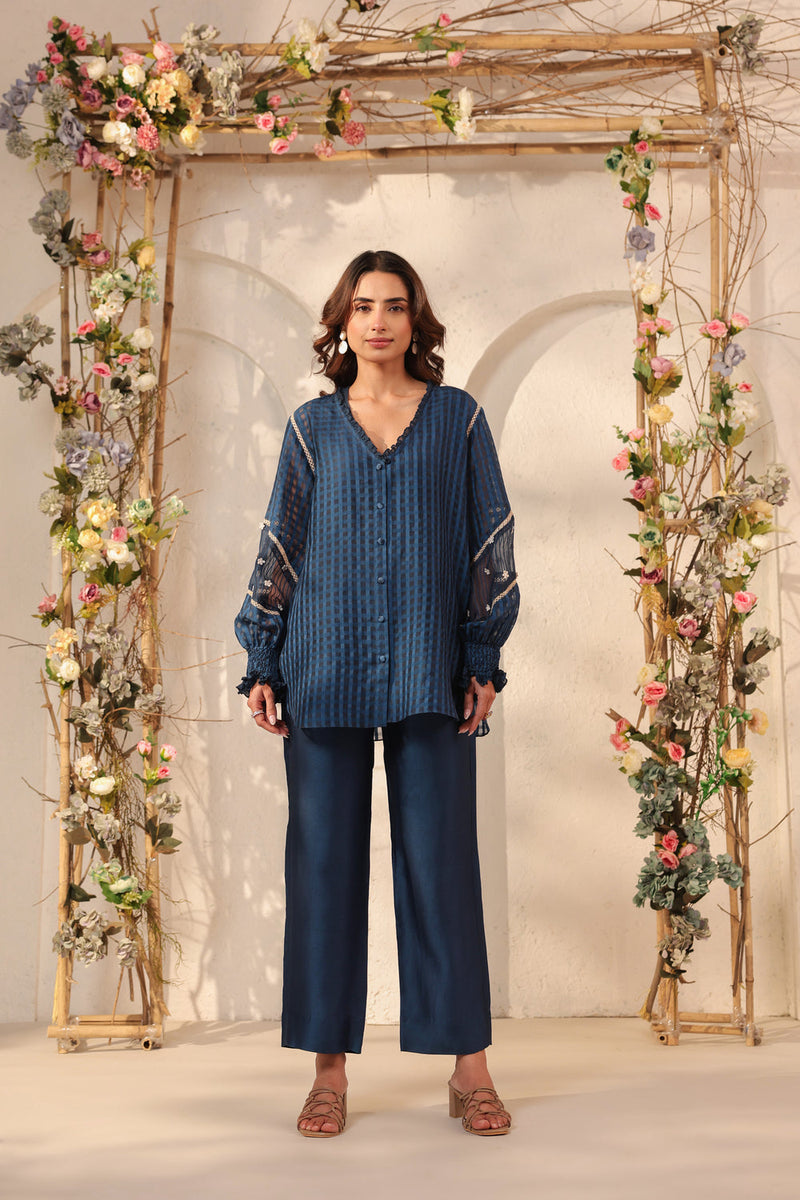 Vaayu Dark Blue V Neck Co ord Set silk chanderi , silk tencel kurta/kurta set by Niti Bothra in dark blue for women in Singapore